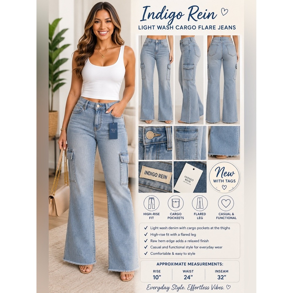Indigo Rein Light Wash Cargo Flare Jeans NEW Size 1 W24‎